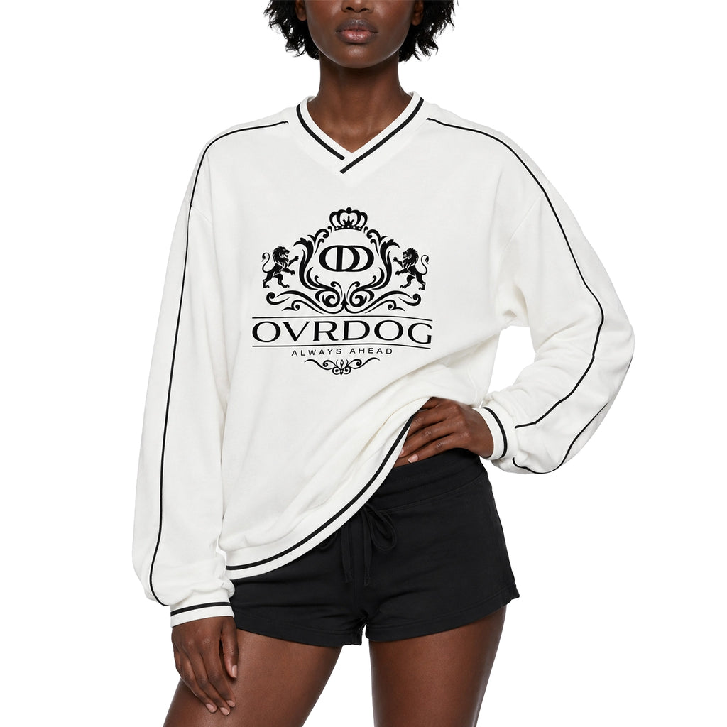 WHITE PRINTED OVRDOG V-NECK SWEATSHIRT
