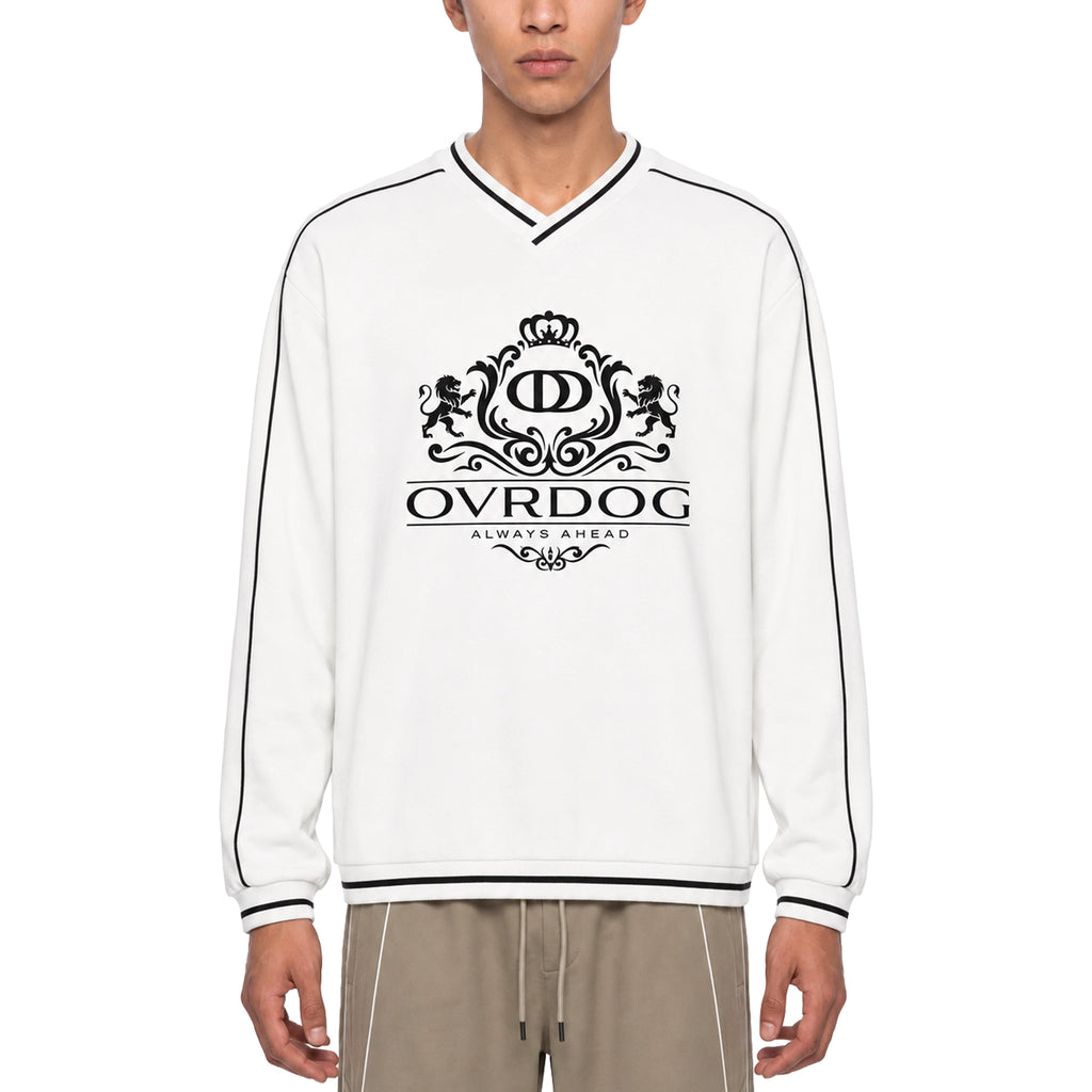 WHITE PRINTED OVRDOG V-NECK SWEATSHIRT