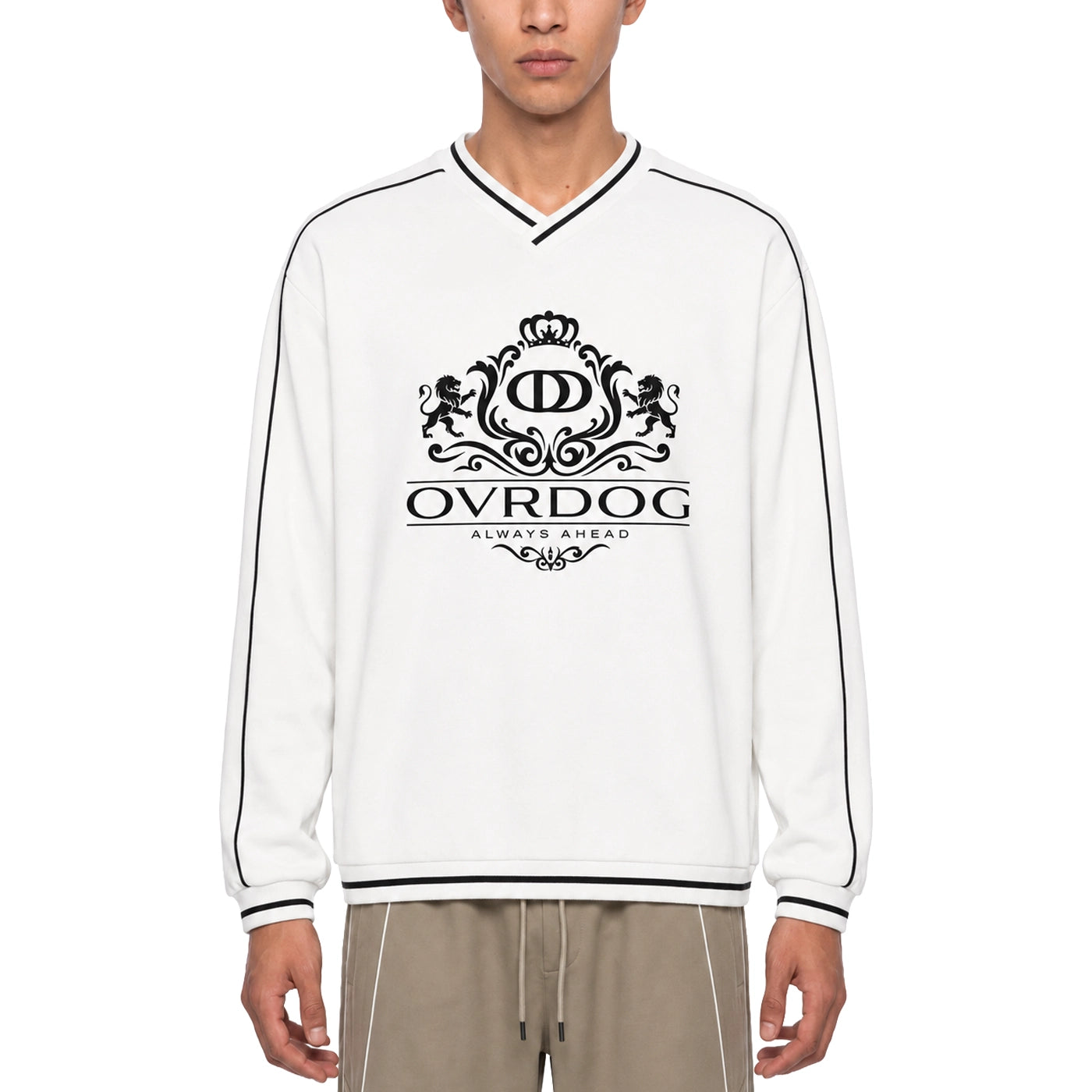 WHITE PRINTED OVRDOG V-NECK SWEATSHIRT